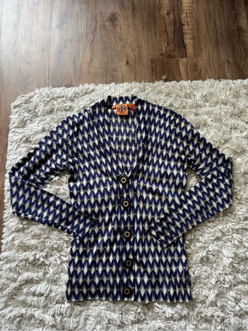 Tory Burch Navy and Cream Diamond Wool Knit Button Cardigan